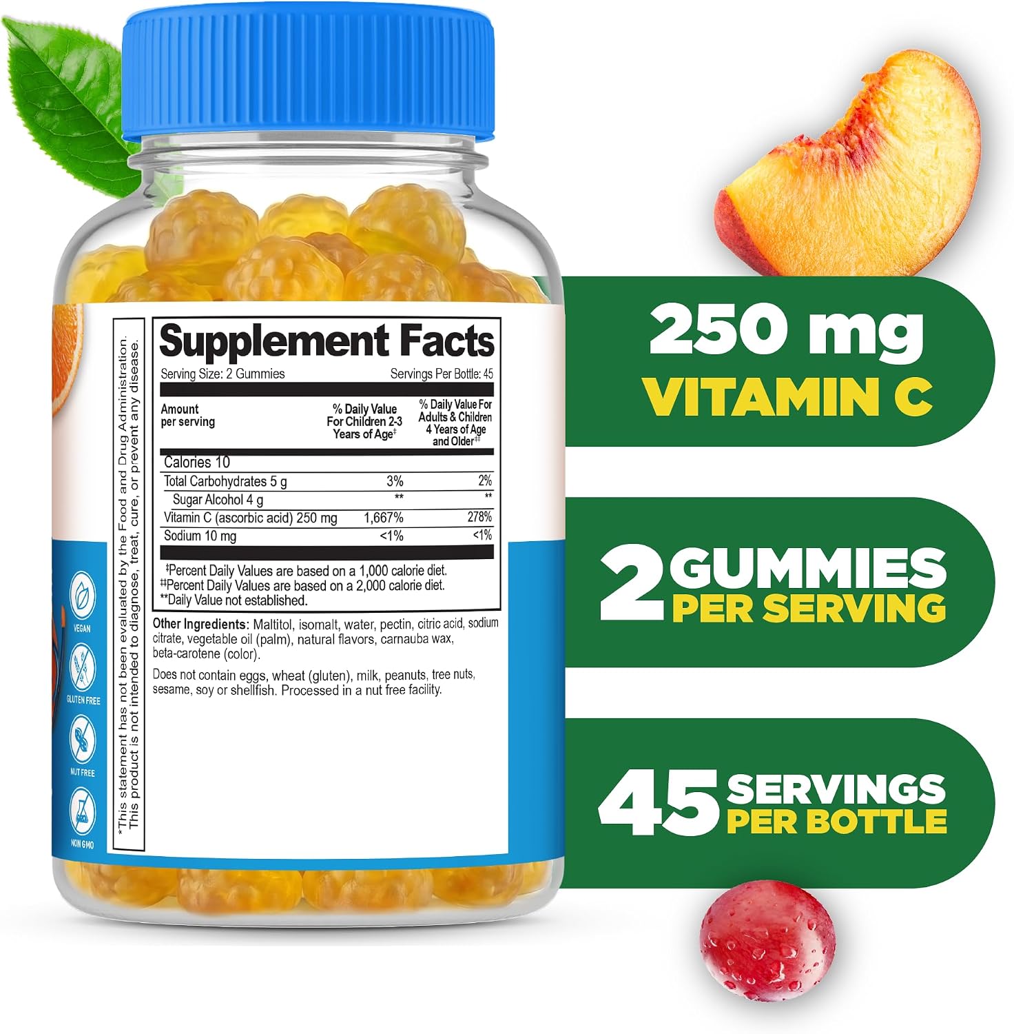 Lifeable Gomitas de Vitamina C sin Azúcar - 250 mg - Sabor Naranja Natural - 90 Gomitas