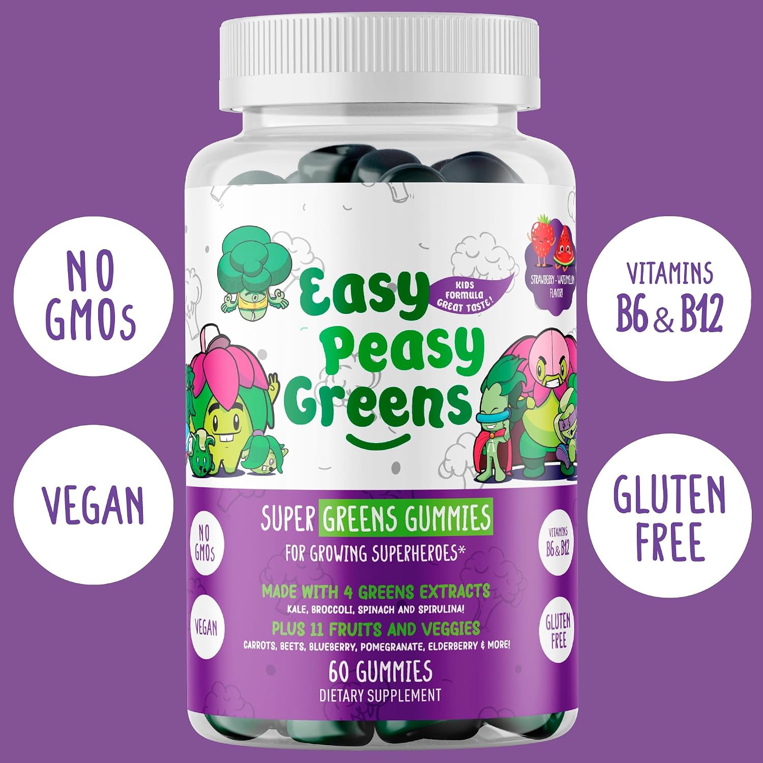 EasyPeasyGreens Daily Veggie Gummies para Niños - 60 Gominolas de Verduras Veganas