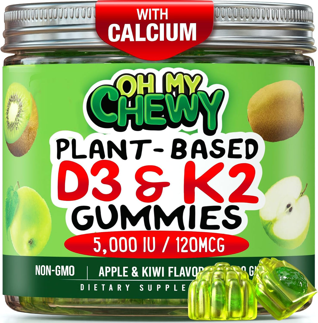 OH MY CHEWY Gominolas con Vitamina D3, K2 y Calcio - 5000 UI D3, 120 mcg K2 (MK-7), 120 mg Ca - Vegano y No-GMO - 60 unidades