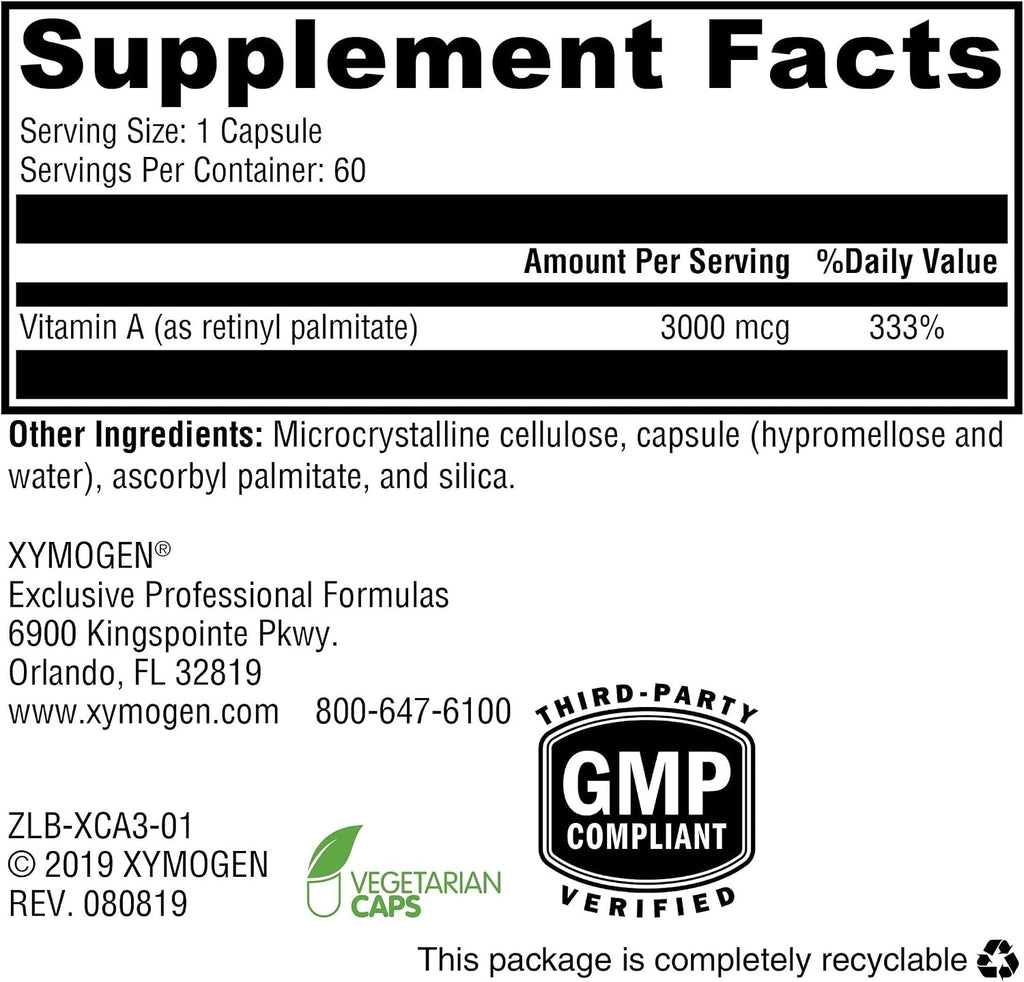XYMOGEN Xcellent A 3000 - Vitamina A (Retinyl Palmitate) - 60 Cápsulas