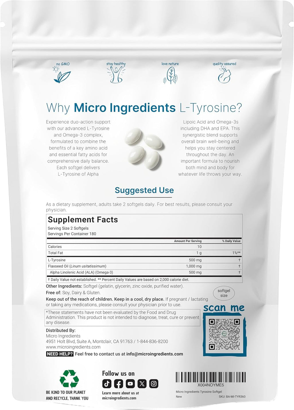 L-Tirosina 500mg con Omega-3, 360 Cápsulas Blandas | Acción Duo: Aminoácidos + Omega de Aceite de Linaza 1,000mg con ALA | Apoyo Cardíaco y Estado de Ánimo | No Transgénico