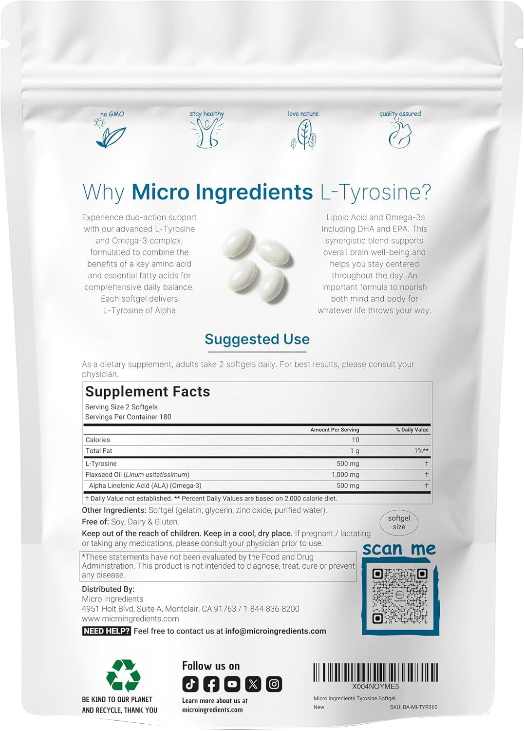 L-Tirosina 500mg con Omega-3, 360 Cápsulas Blandas | Acción Duo: Aminoácidos + Omega de Aceite de Linaza 1,000mg con ALA | Apoyo Cardíaco y Estado de Ánimo | No Transgénico