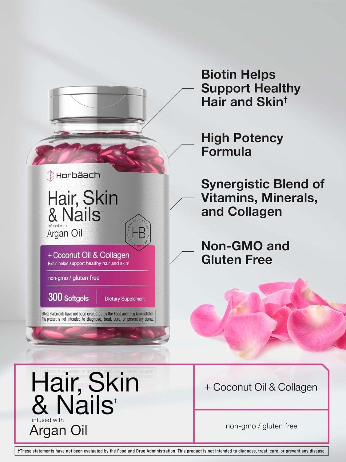 Horbäach Vitaminas para Cabello, Piel y Uñas - 300 Cápsulas Blandas con Biotina y Colágeno