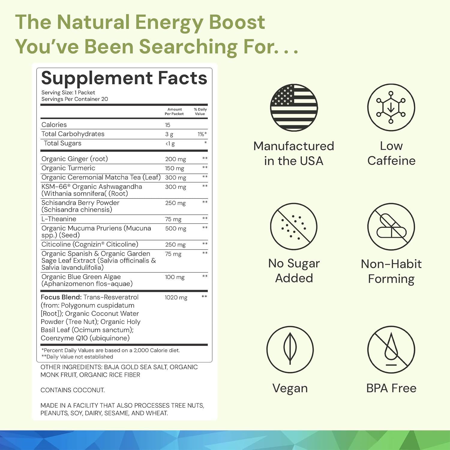 ION* Intelligence of Nature Focused Mind Nootropic Powder Drink Mix - Brain Boost con Matcha para Memoria, Concentración y Relajación - 20 Sobres