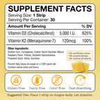 Vitamin D3 K2 Supplement 5000 IU - Tiras Orales de Rápida Absorción para Huesos y Corazón - Fórmula Vegana - No GMO - Sin Azúcar (30 Tiras)