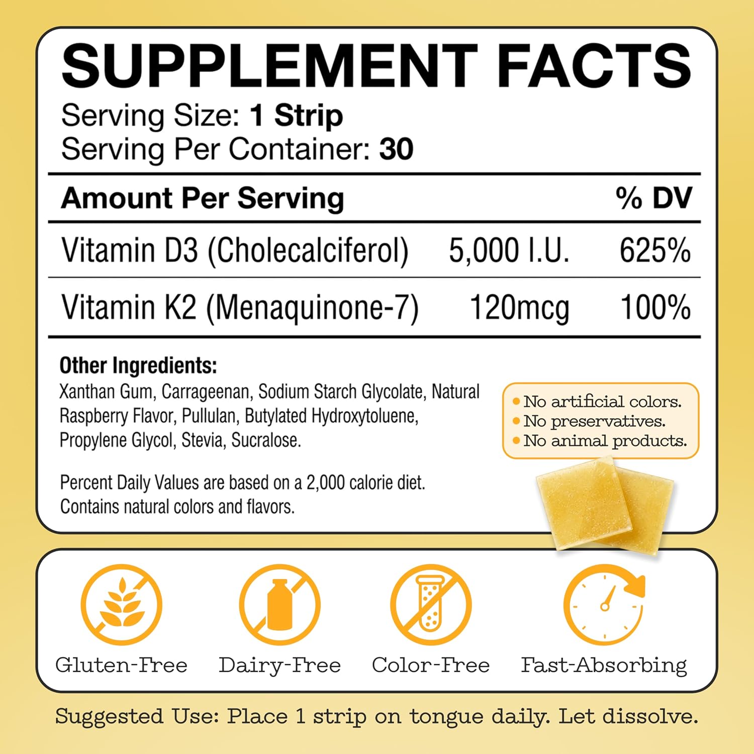 Vitamin D3 K2 Supplement 5000 IU - Tiras Orales de Rápida Absorción para Huesos y Corazón - Fórmula Vegana - No GMO - Sin Azúcar (30 Tiras)