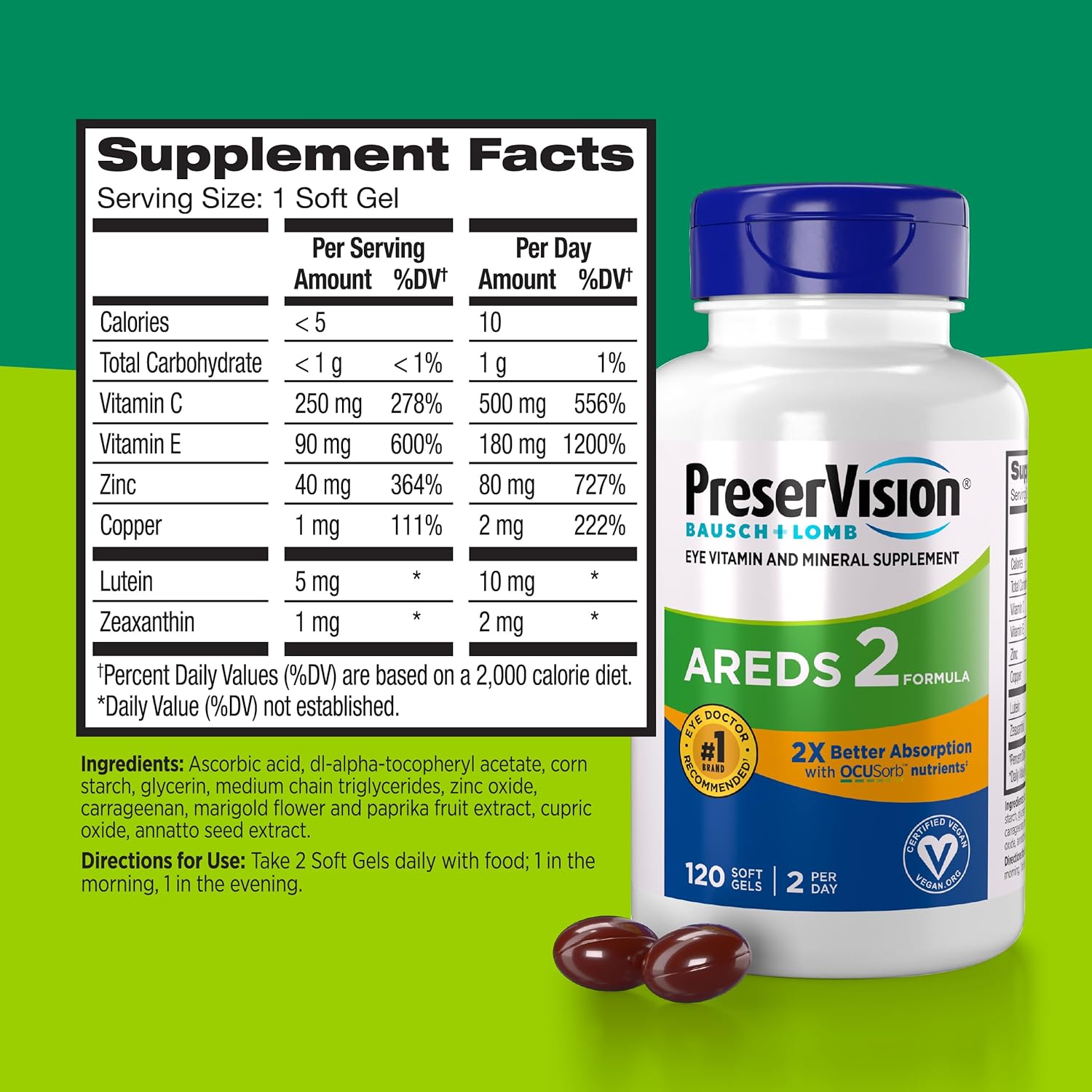 PreserVision AREDS 2 Suplemento vitamínico y mineral para la visión con OCUSorb, 120 cápsulas blandas veganas, contiene luteína, zeaxantina, vitamina C y E, zinc y cobre