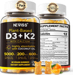 Vitamin D3 K2 Bear Gummies - Vitamina D3 5000 UI, K2 200 mcg + Calcio 600 mg para Adultos, Vegano, 60 Gominolas