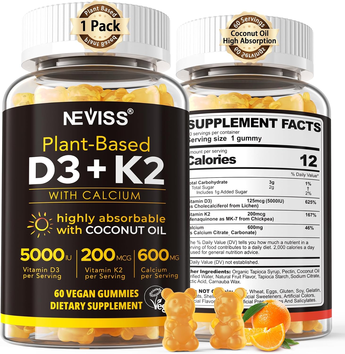 Vitamin D3 K2 Bear Gummies - Vitamina D3 5000 UI, K2 200 mcg + Calcio 600 mg para Adultos, Vegano, 60 Gominolas