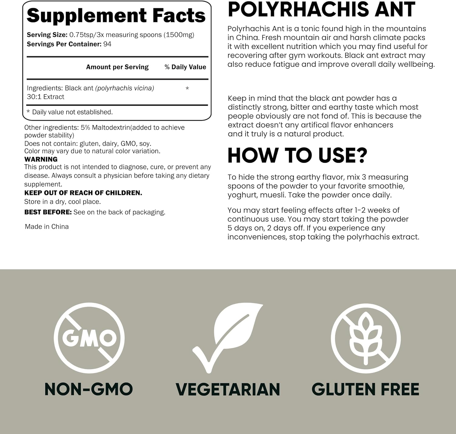 Jungle Powders Black Ant Extract Powder 30:1 – 141 g (5 oz), 94 raciones