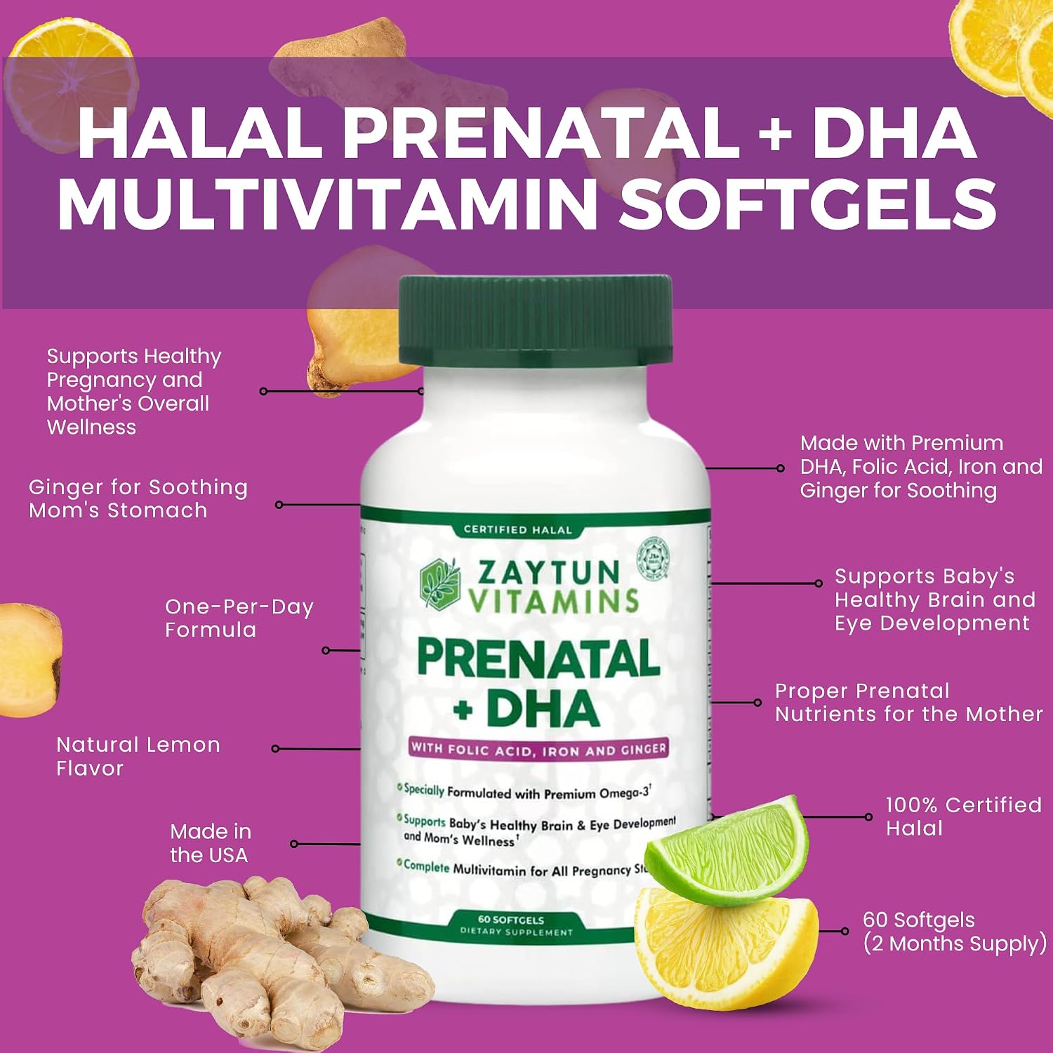 Zaytun Vitamins Vitaminas Prenatales Halal + DHA, Ácido Fólico, Hierro, Jengibre, 60 Cápsulas Blandas