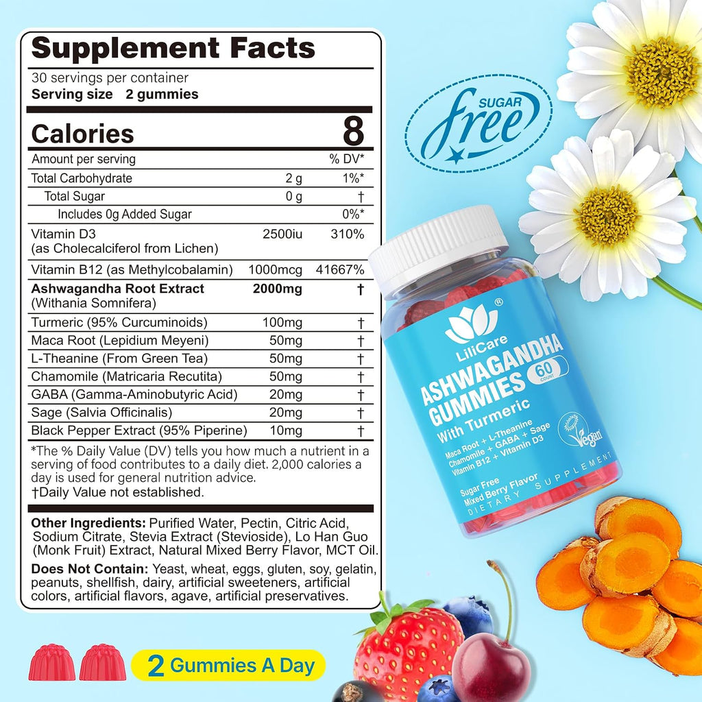 Ashwagandha Gummies, 2000mg Extracto de Raíz Orgánica para Mujeres y Hombres - 60 Gominolas