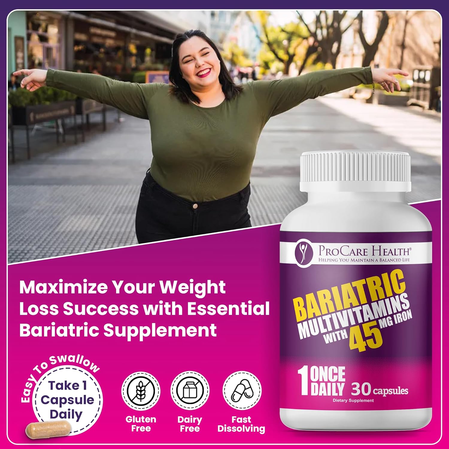 ProCare Health Bariatric Multivitamin with 45mg Iron (30 Capsules) - Once Daily for Post-Operative Support