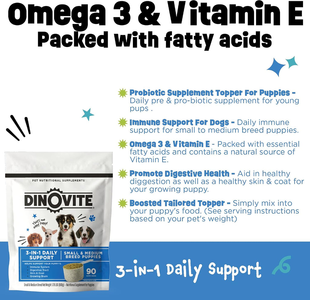 Dinovite Probiótico para Cachorros - Complemento Alimenticio Digestivo y para la Piel con Omega-3, 90 porciones