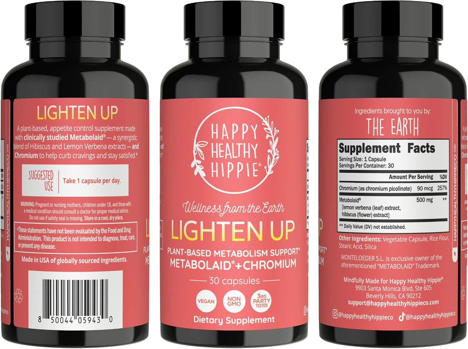 Happy Healthy Hippie Lighten Up - Complemento GLP-1 con Metabolaid y Cromo - 30 Cápsulas Veganas
