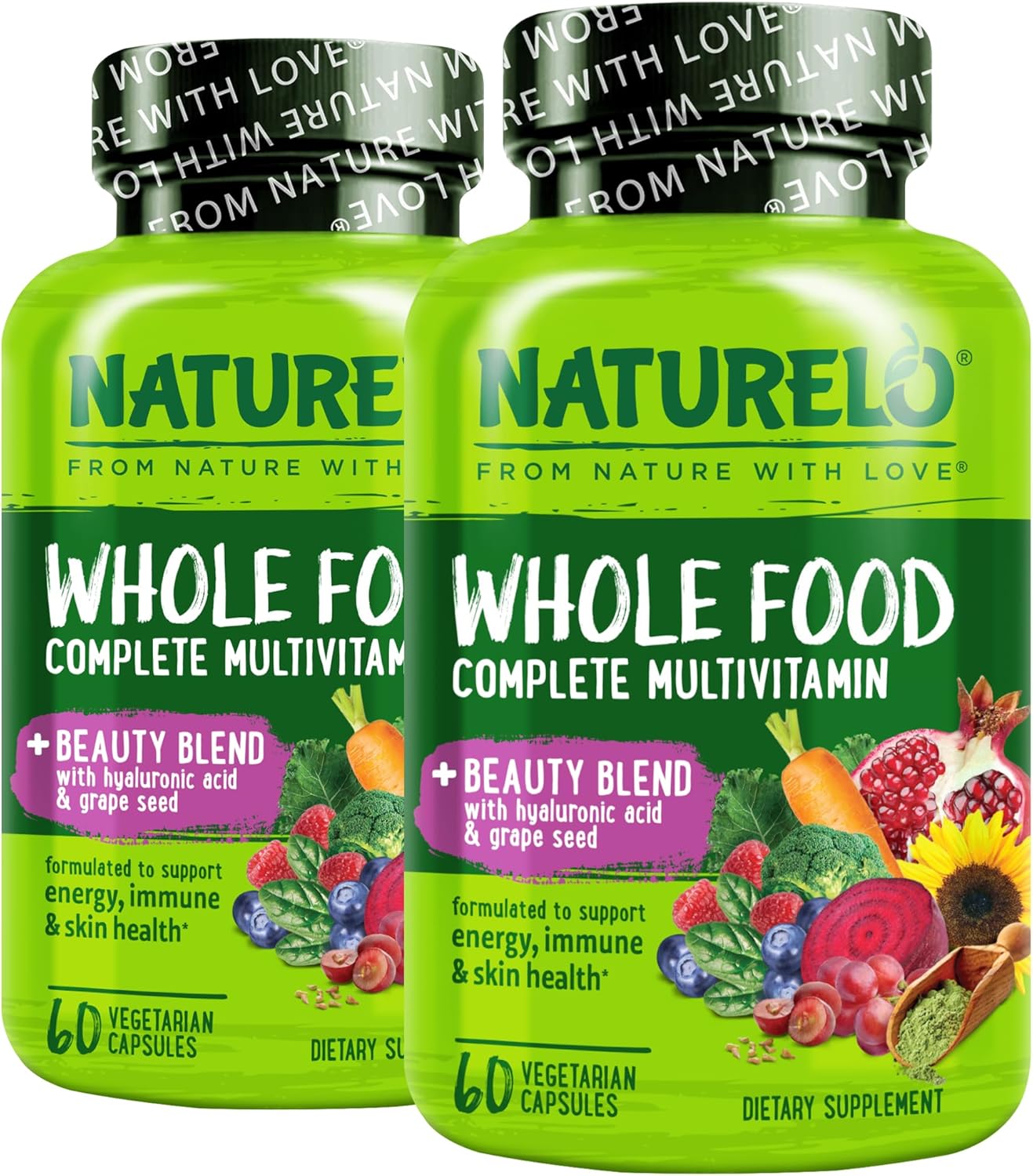 NATURELO Multivitamínico Integral con Biotina, Ácido Hialurónico y Extracto de Uva - 60 Cápsulas Veganas (Pack de 2)