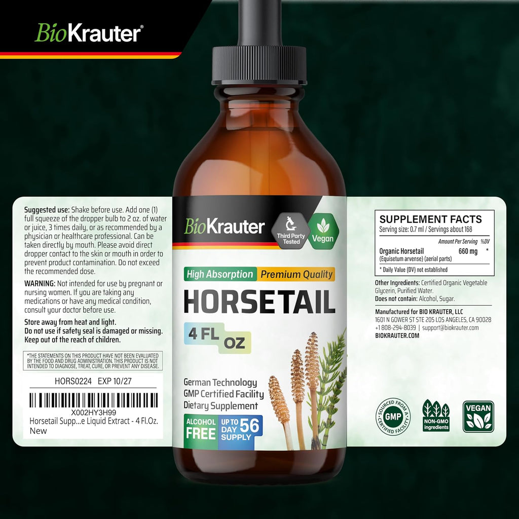 BIO KRAUTER Cola de Caballo Líquido – Suplemento para Cabello, Piel y Uñas – 660 mg por Ración – Vegano – 118 ml