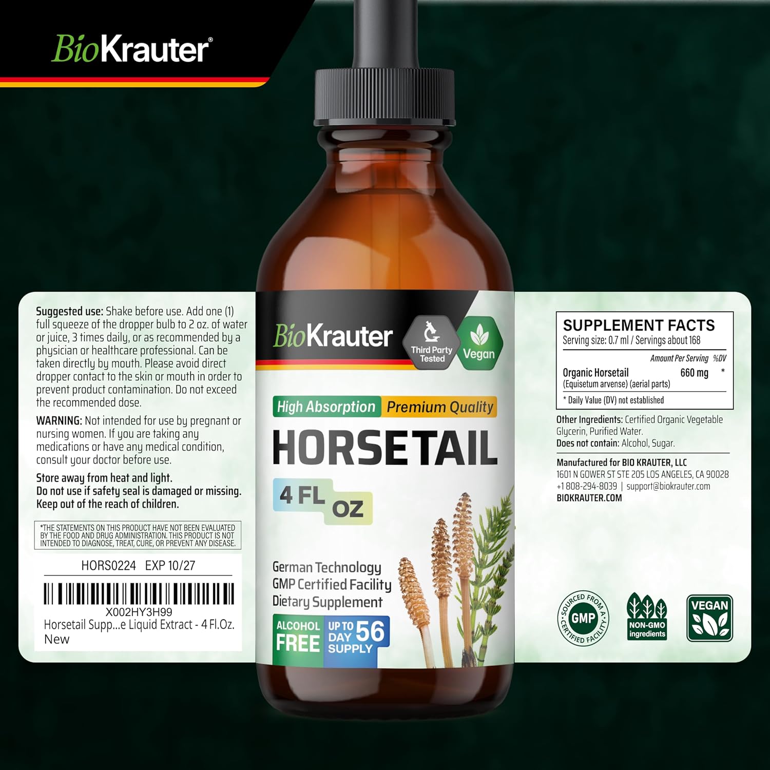 BIO KRAUTER Cola de Caballo Líquido – Suplemento para Cabello, Piel y Uñas – 660 mg por Ración – Vegano – 118 ml