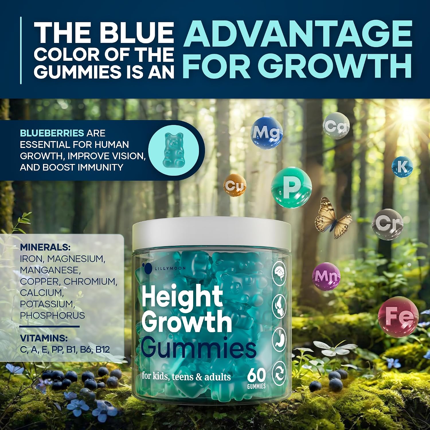 Gomitas Multivitamínicas de Crecimiento con Calcio, Zinc, Vitaminas K2 y D3, Magnesio - LILYMOON