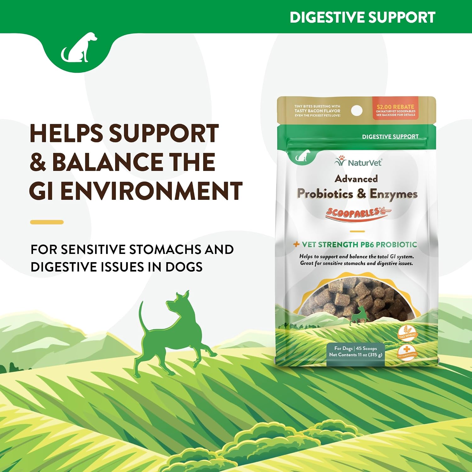 NaturVet Scoopables Probióticos Avanzados para Perros - Probióticos Masticables y Enzimas Digestivas - Sabor a Bacon Ahumado | Bolsa de 312g