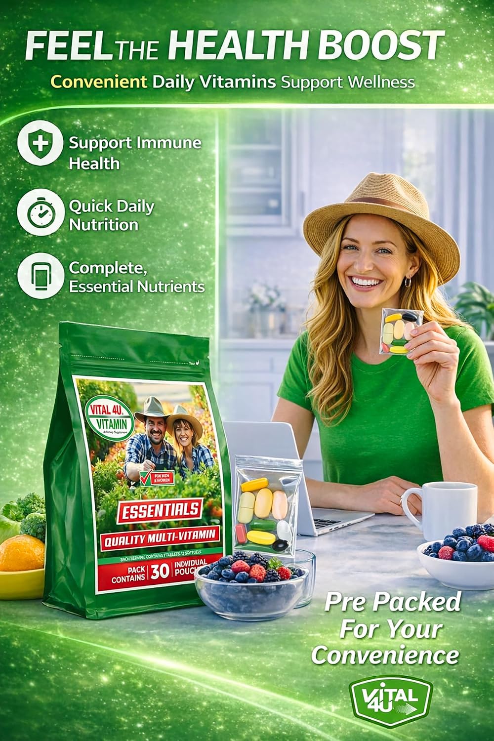 VITAL 4U Vitamin Essentials Multivitamínico Diario para Hombres y Mujeres, 30 Sobres