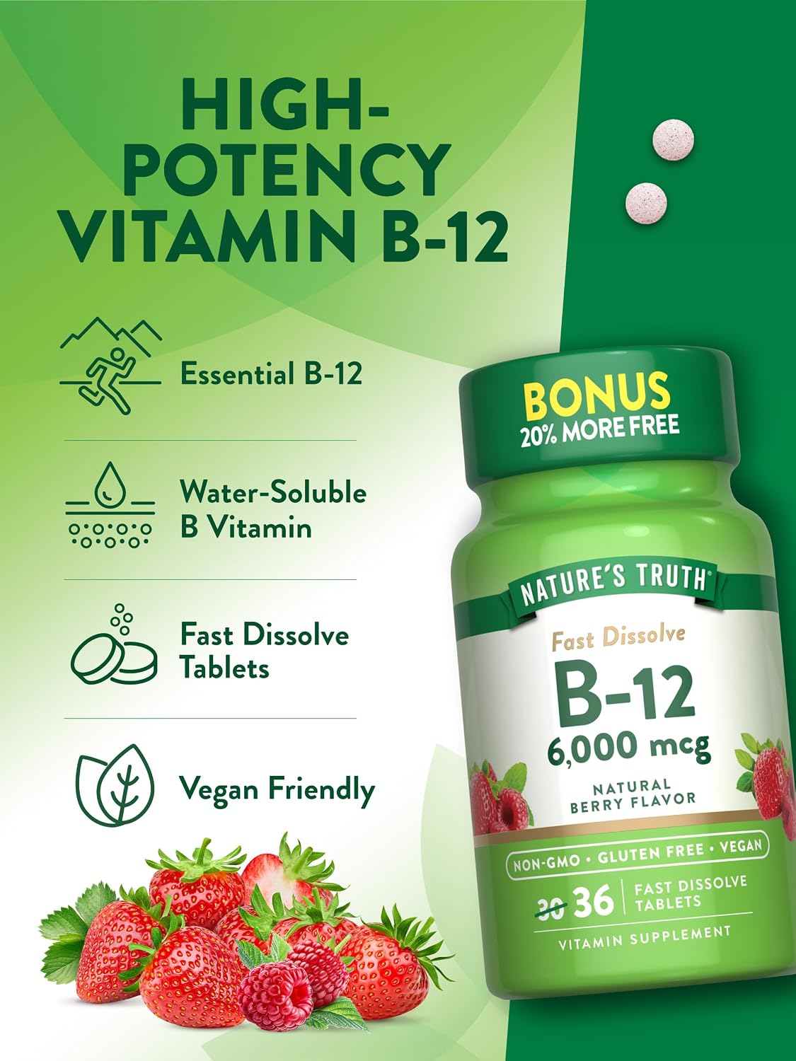 Nature's Truth Vitamina B12 6000 mcg Metilcobalamina | 36 Tabletas | Disolución Rápida Sabor Bayas | Vegano, Sin Gluten y No OGM