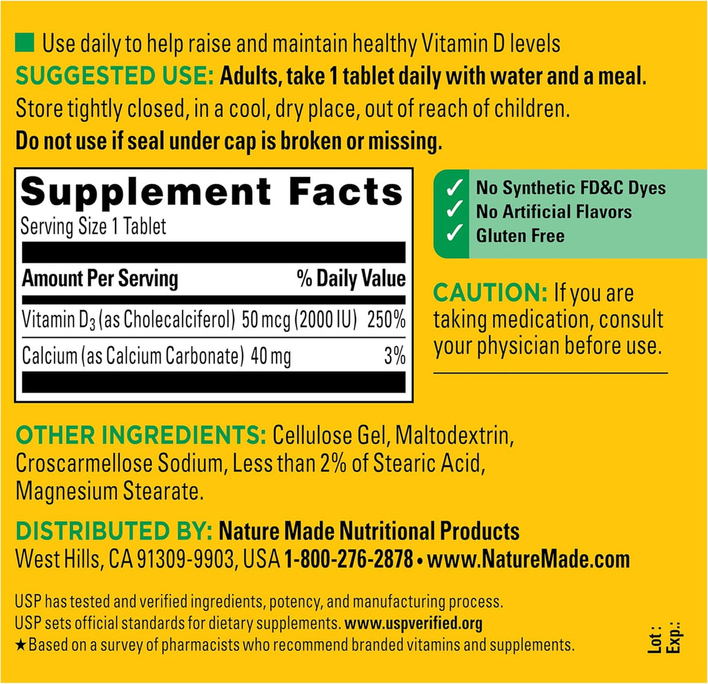 Nature Made Vitamina D3 2000 UI (50 mcg), 400 Comprimidos