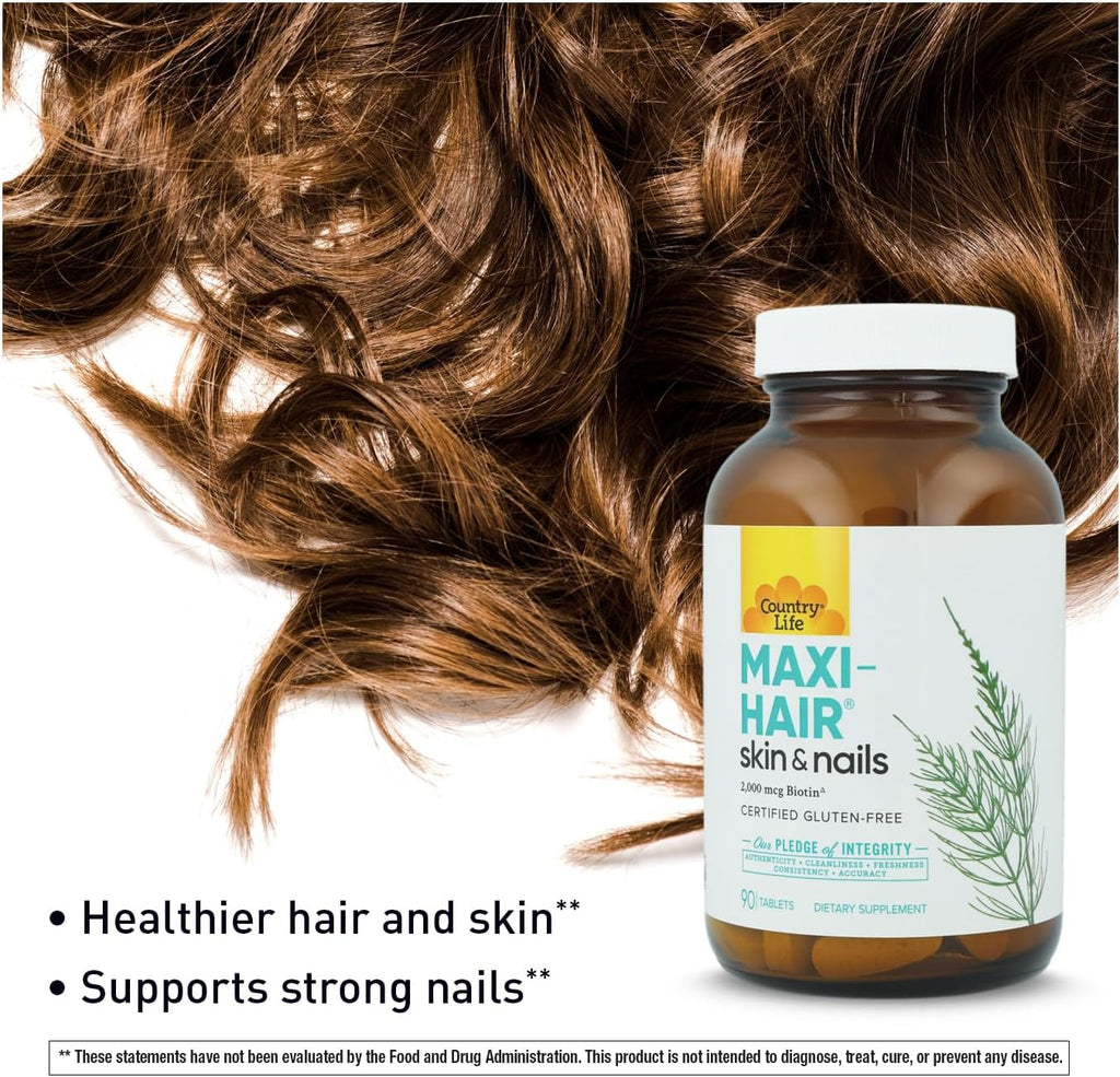 Country Life Maxi-Hair-Skin & Nails 2000 mcg Biotina, sin PABA, 90 Comprimidos