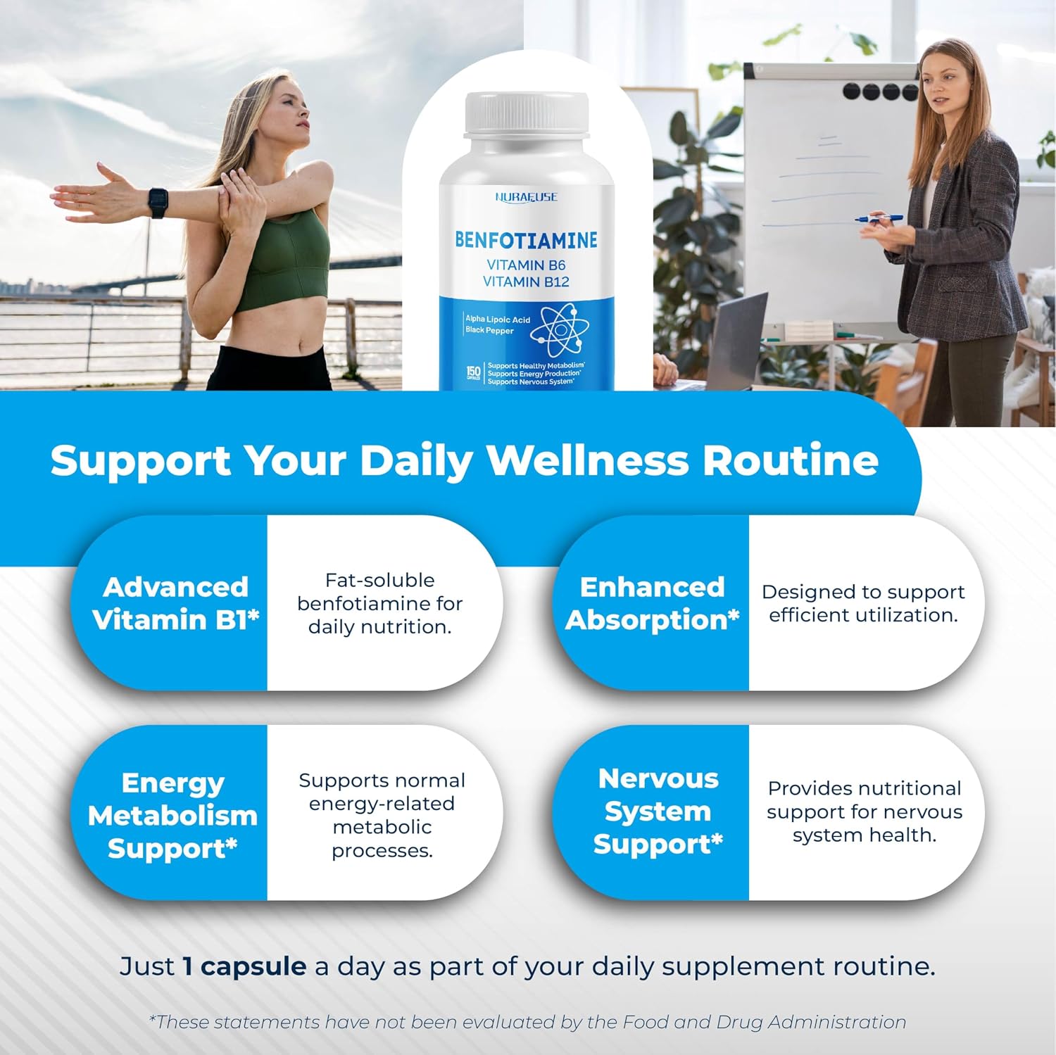 NURAFUSE Benfotiamina con Vitamina B6, B12, Ácido Alfa Lipoico, Cúrcuma - 150 Cápsulas