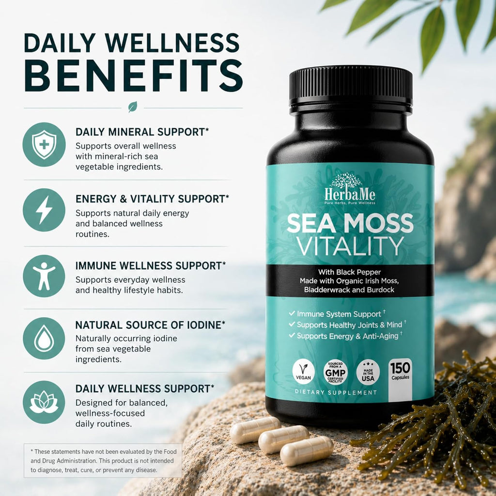 HerbaMe Musgo de Mar Orgánico con Bladderwrack, Bardana y Pimienta Negra - 150 Cápsulas Vegetales