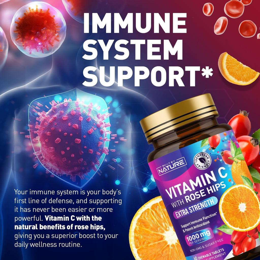 Built by Nature Vitamina C Masticable con Escaramujo - 1000 mg - Sabor Naranja - 60 Comprimidos