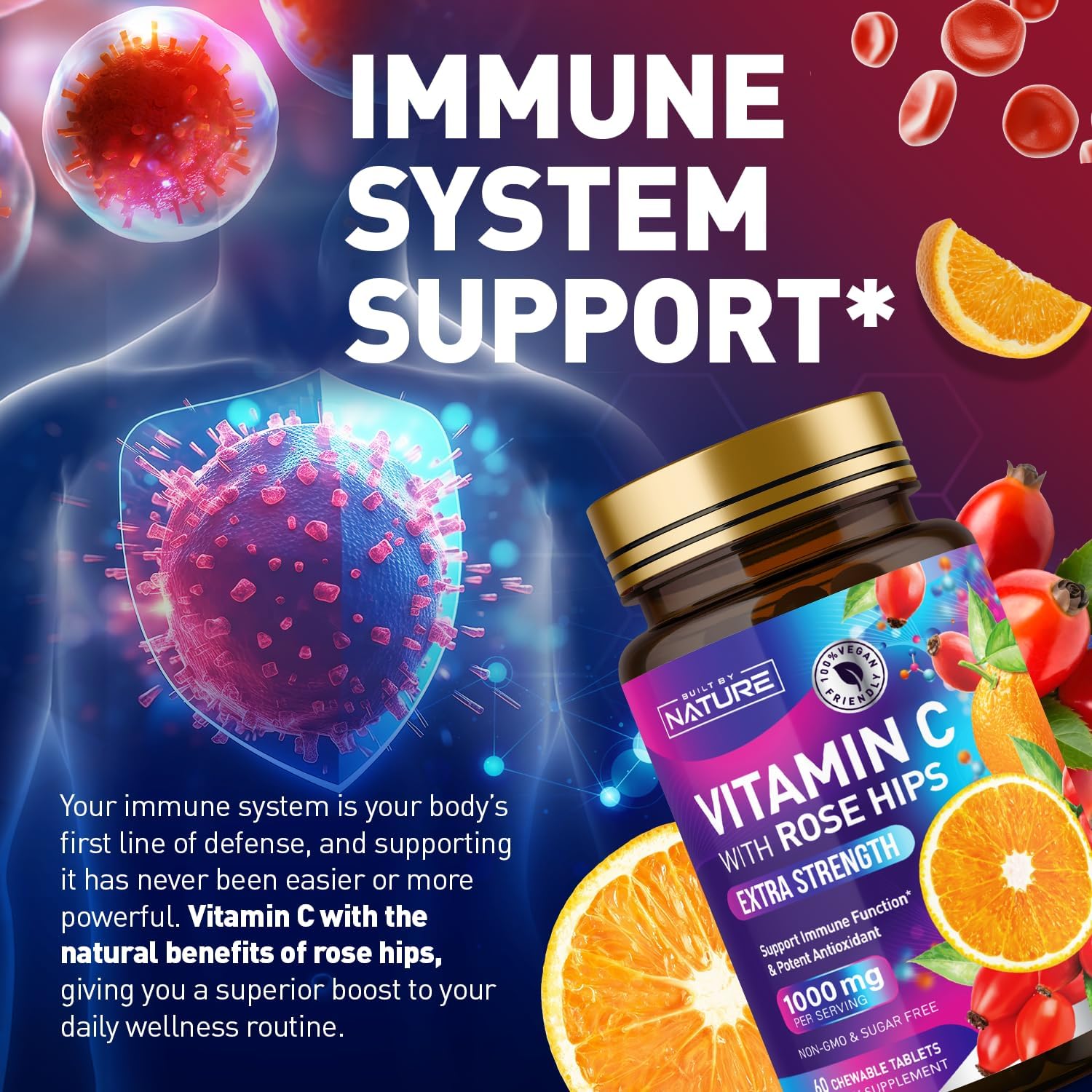 Built by Nature Vitamina C Masticable con Escaramujo - 1000 mg - Sabor Naranja - 60 Comprimidos