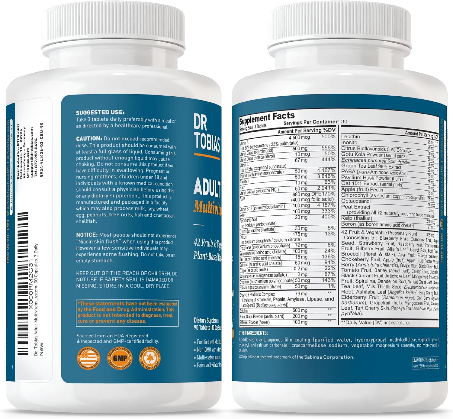 Dr. Tobias Multivitamínico para Adultos - Hombres y Mujeres - 90 Comprimidos Veganos