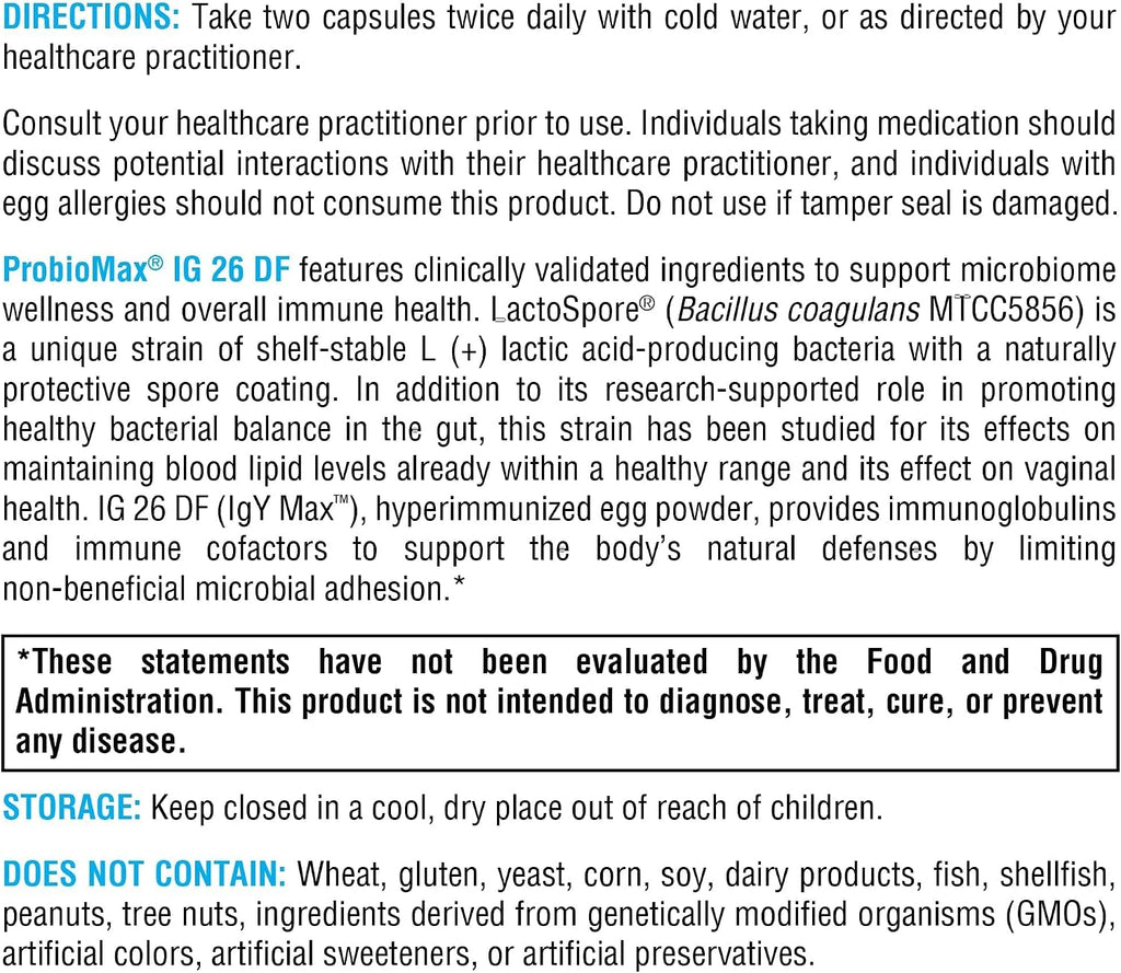 XYMOGEN ProbioMax IG 26 - Polvo de huevo inmunizado y Bacillus coagulans - 120 cápsulas