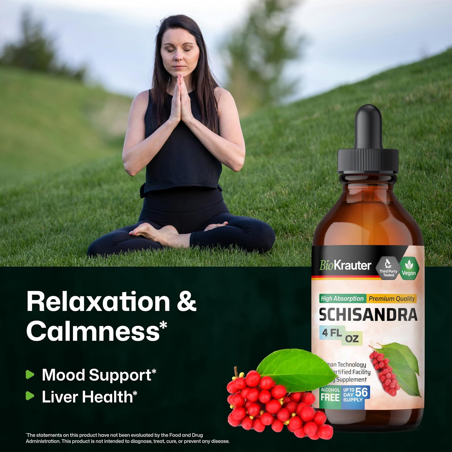 BIO KRAUTER® Schisandra para la Calma y Relajación - Complemento Vegano de Estado de Ánimo - Extracto Líquido de Baya de Schisandra 118 ml - Gotas Naturales 650 mg por Dosis, Suministro para 56 Días, Sin Alcohol ni Azúcar