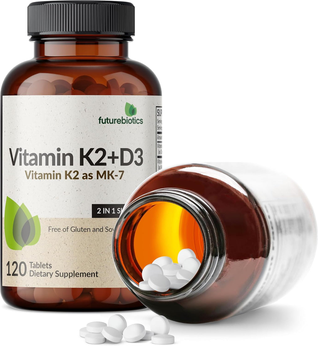 Futurebiotics Vitamina K2 con D3, 2 en 1, 5000 UI Vitamina D3 y 90 mcg Vitamina K2 MK-7, 120 Comprimidos