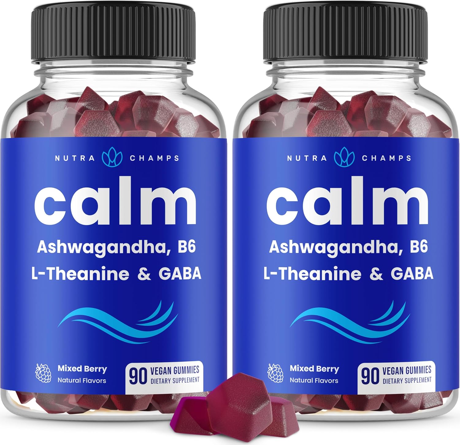 NutraChamps Calm Gummies, Gominolas para el Estrés con Ashwagandha, L-Teanina, GABA, Vitamina B6 y Melisa, Apoyo para el Estado de Ánimo, Concentración y Relajación, Sabor Natural a Baya, 90 Gominolas