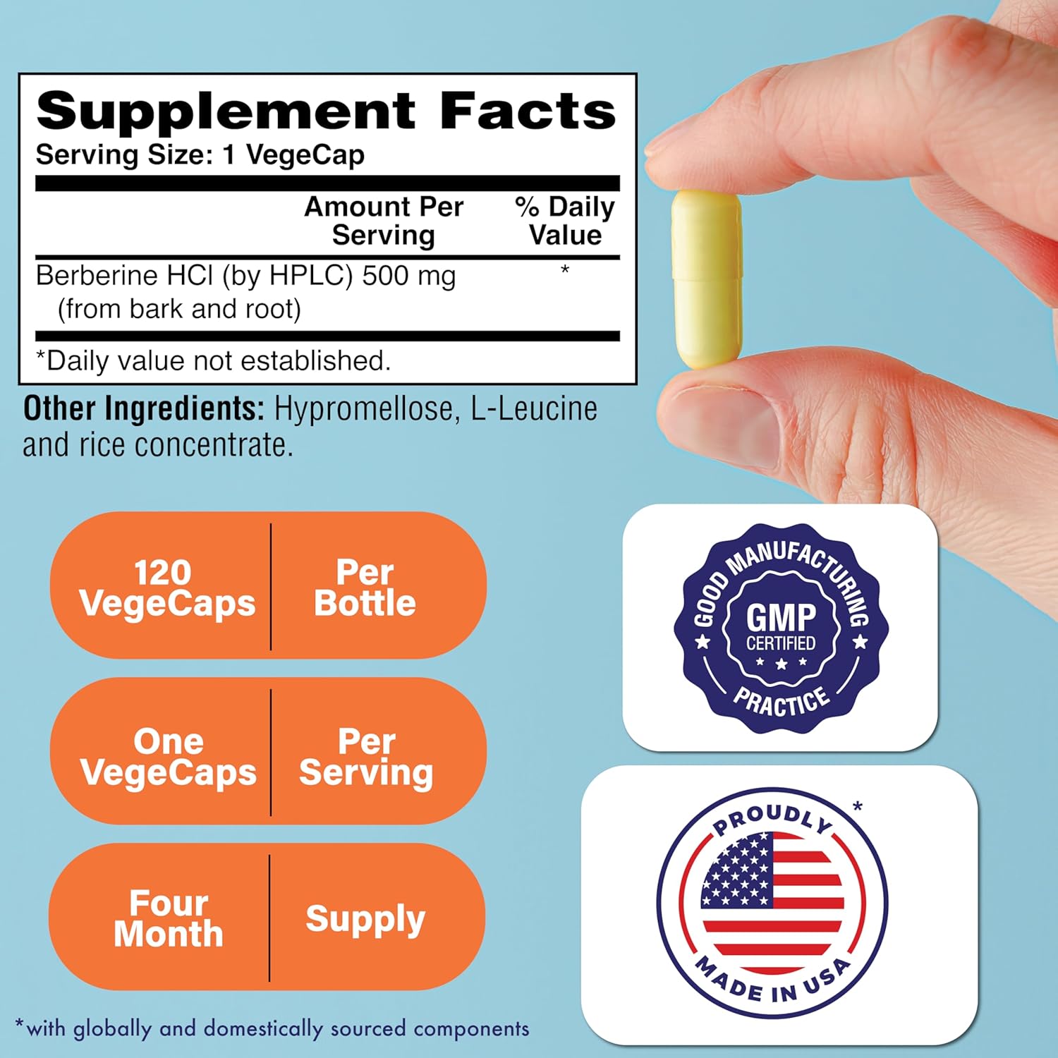 Health Thru Nutrition Berberine HCl 500mg 120 Capsules | High Potency Berberine Supplement | Certified Vegan | Non-GMO | Soy Free