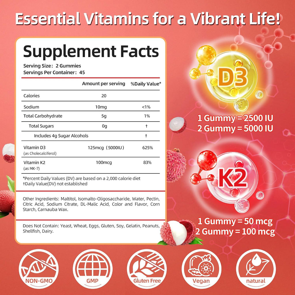 IRIDESICENT Gominolas de Vitamina D3 y K2 Sin Azúcar - 90 uds | 5000 UI D3 + 100 mcg K2 (MK-7) | Vegano, Sabor Lychee