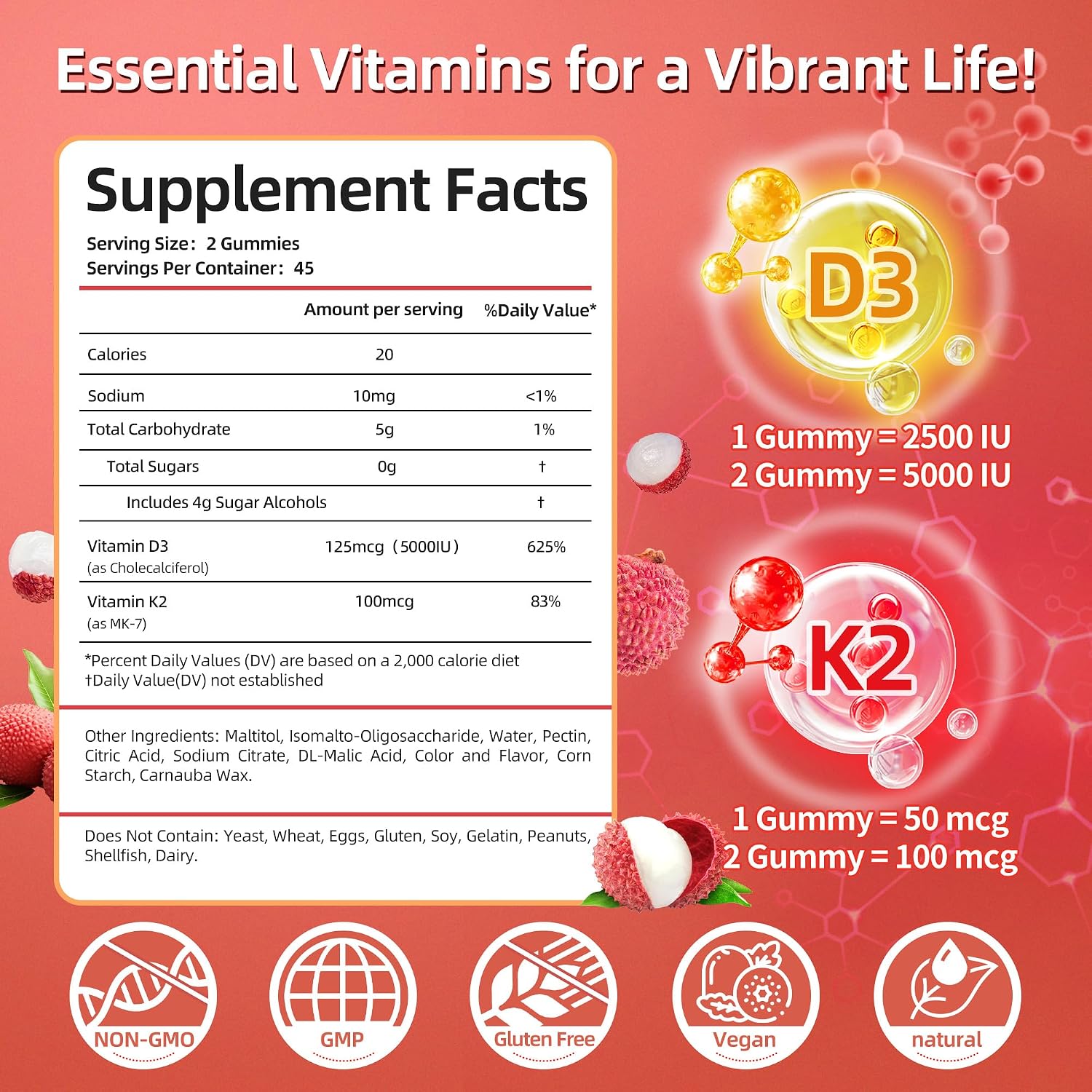 IRIDESICENT Gominolas de Vitamina D3 y K2 Sin Azúcar - 90 uds | 5000 UI D3 + 100 mcg K2 (MK-7) | Vegano, Sabor Lychee