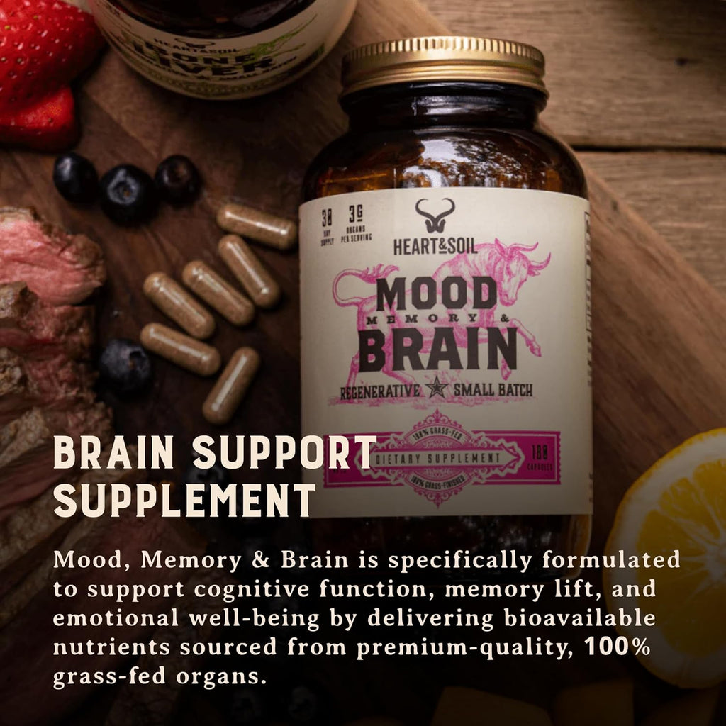 HEART & SOIL – Suplemento de Cerebro de Res 100% Pasto 3000 mg – Memoria y Concentración – 180 Cápsulas