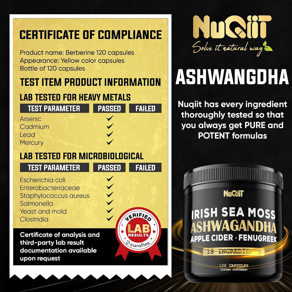 NUQIIT Cápsulas Orgánicas de Ashwagandha con Irish Sea Moss, Vinagre de Manzana y Más - 120 Cápsulas Veganas