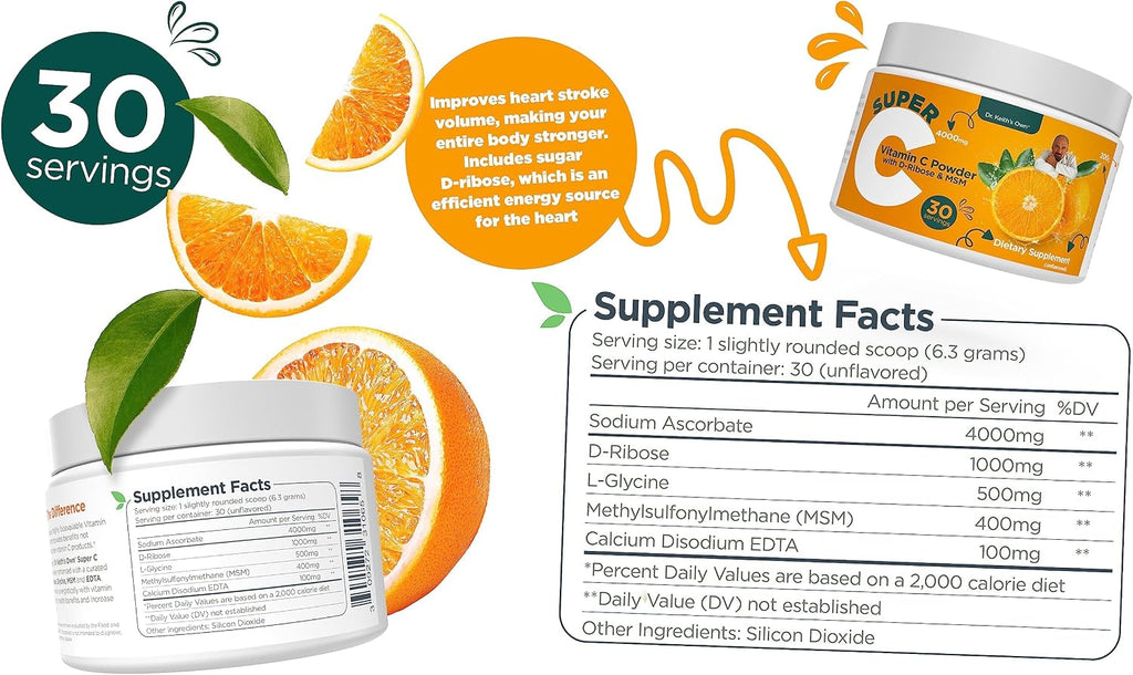 Dr. Keith's Own Super C - Vitamina C en polvo tamponada de alta dosis 4000 mg con D-ribosa, glicina y MSM - Fácil de absorber, suave para el estómago - Sin sabor, 200 g cada uno (paquete de 3)