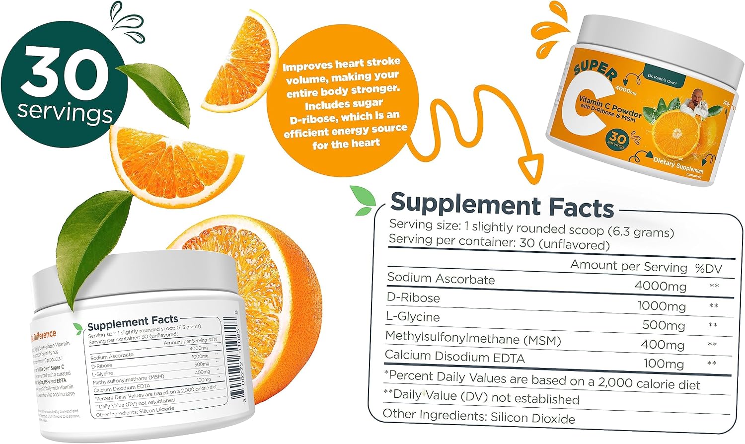 Dr. Keith's Own Super C - Vitamina C en polvo tamponada de alta dosis 4000 mg con D-ribosa, glicina y MSM - Fácil de absorber, suave para el estómago - Sin sabor, 200 g cada uno (paquete de 3)