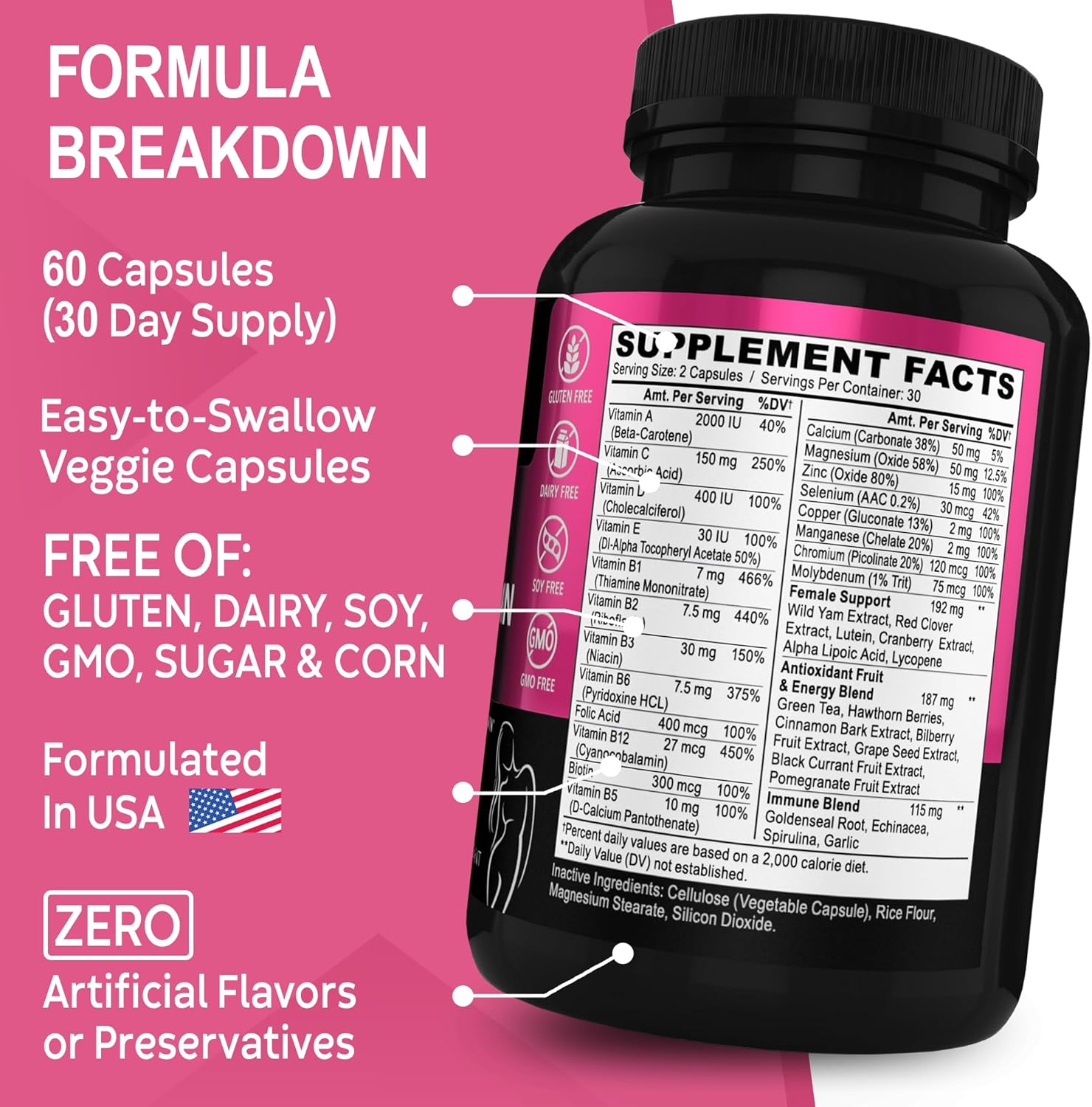 Multivitamínico para Mujeres - Complejo Natural con Magnesio y Zinc - Sin Hierro ni Soja