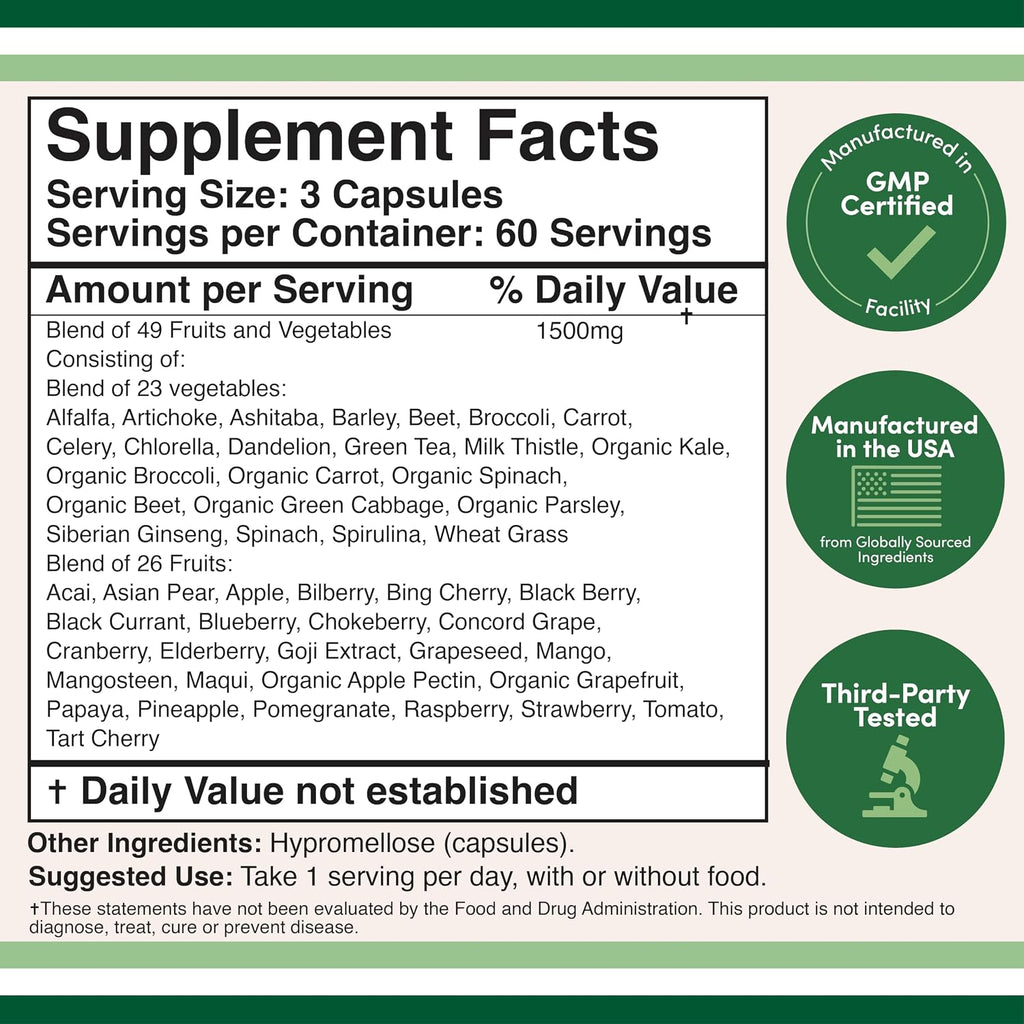 Double Wood Suplemento de Frutas y Verduras - Mezcla de 49 Frutas y Verduras - 1,500 mg por Ración - 180 Cápsulas