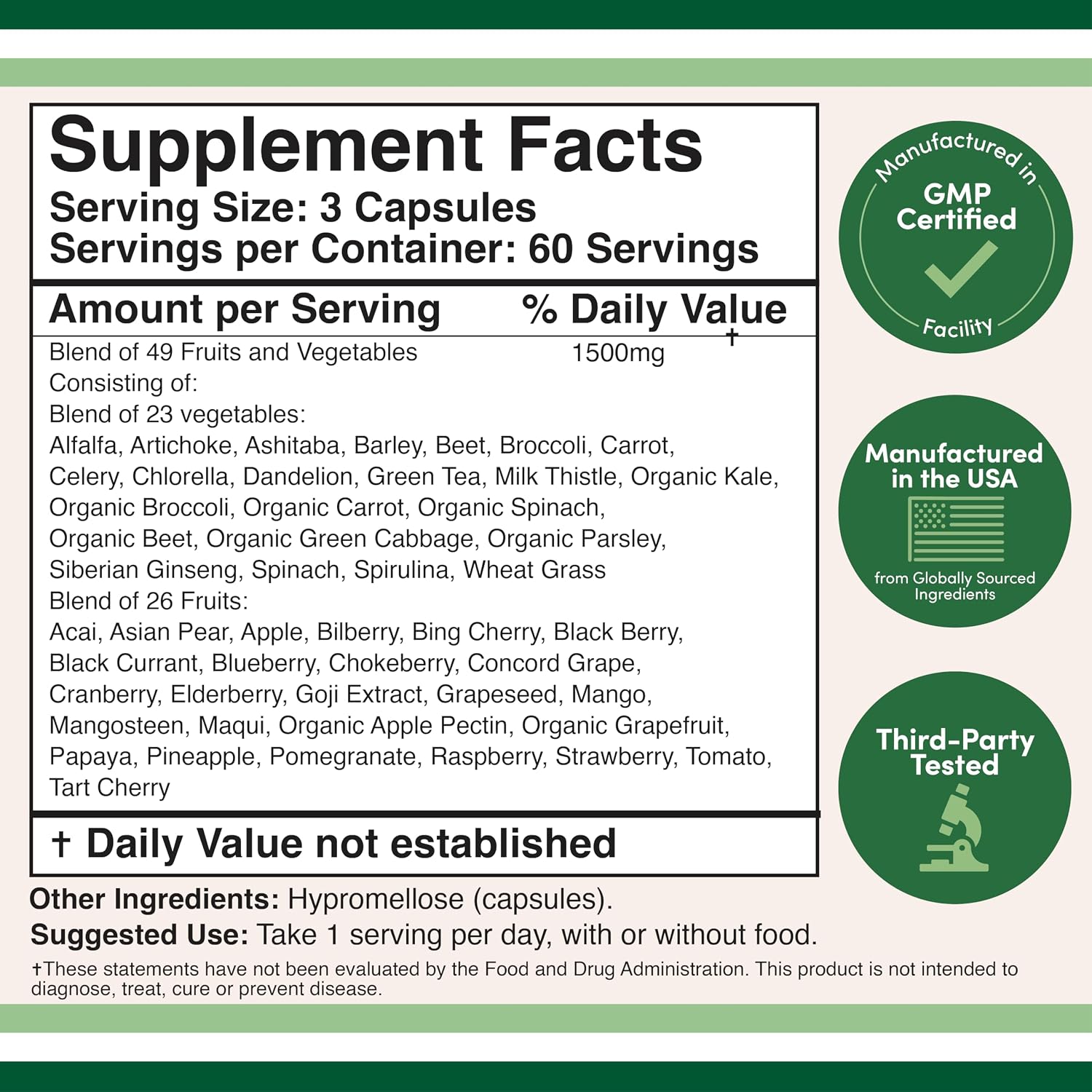 Double Wood Suplemento de Frutas y Verduras - Mezcla de 49 Frutas y Verduras - 1,500 mg por Ración - 180 Cápsulas