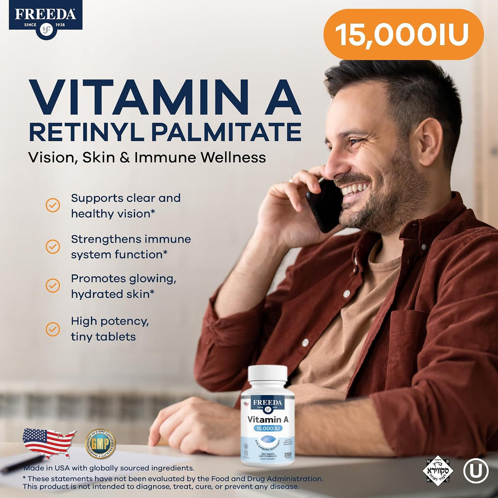 Freeda Vitamin A 15,000 IU – Retinyl Palmitate – Vegan, Kosher – Vision, Skin & Immunity Support – 250 Tablets