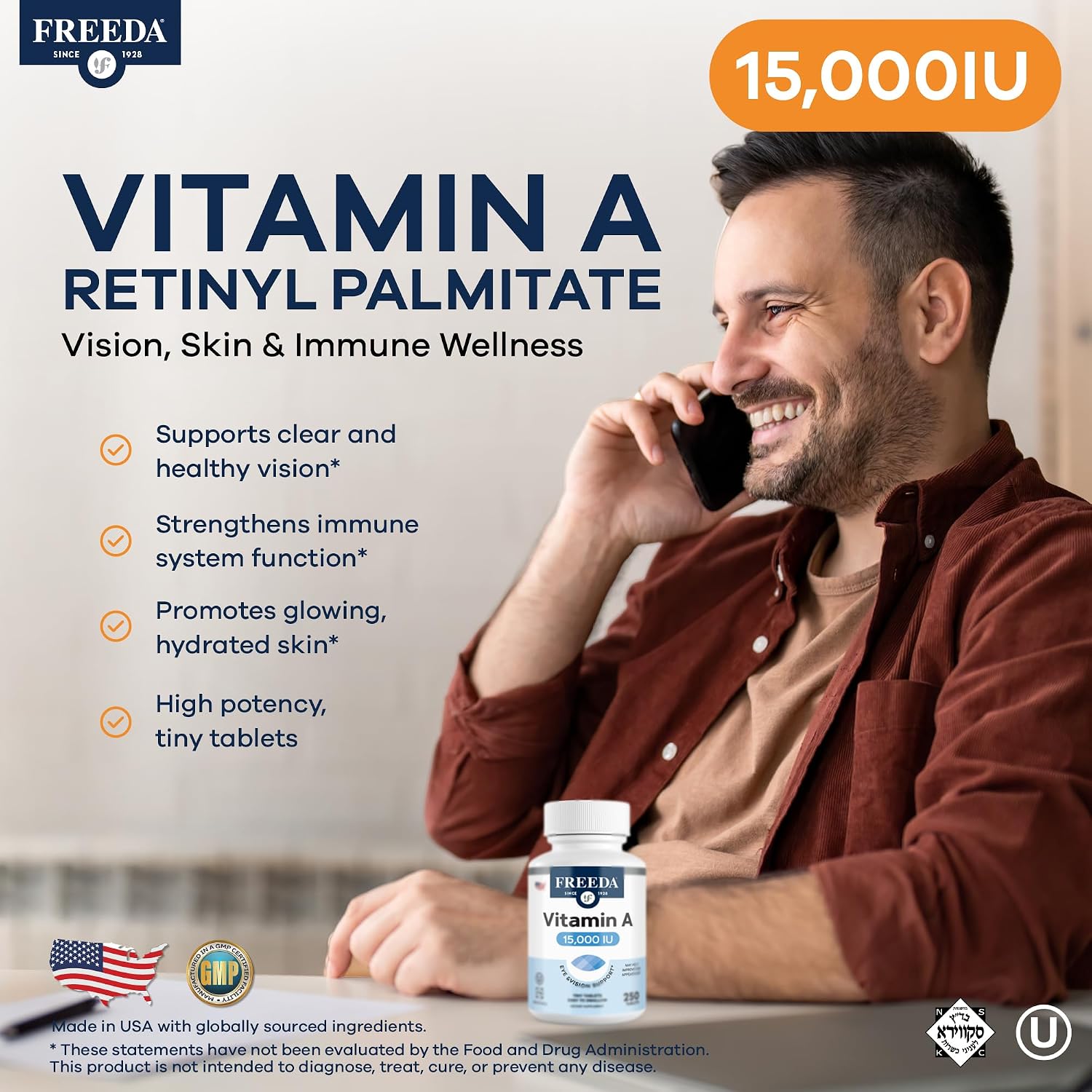 Freeda Vitamin A 15,000 IU – Retinyl Palmitate – Vegan, Kosher – Vision, Skin & Immunity Support – 250 Tablets
