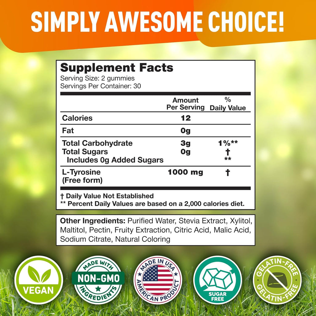 BioVit L-Tirosina Gomitas - 1000mg por porción - 60 Gomitas Veganas